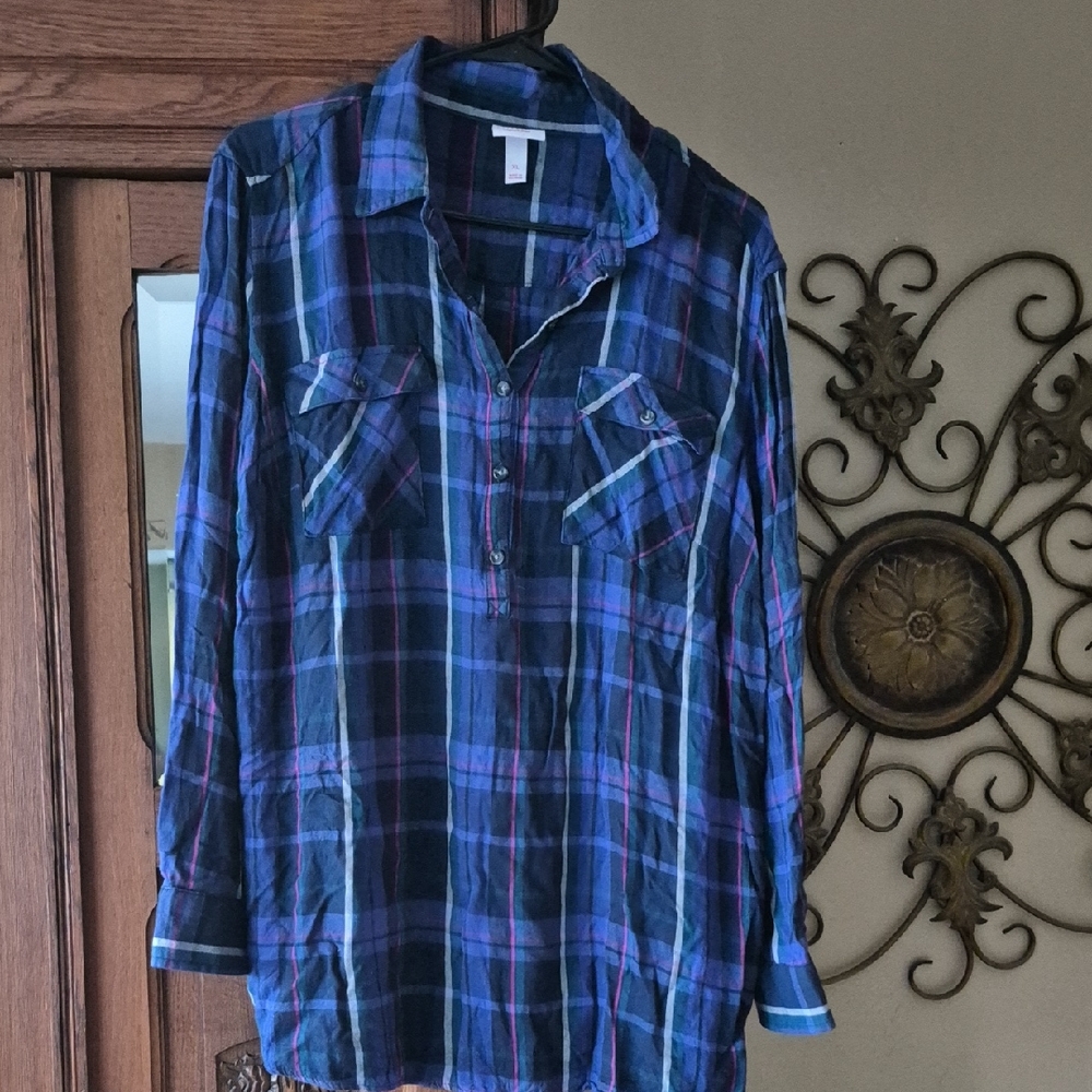 Isabel Maternity Navy and Violet Plaid Shirt